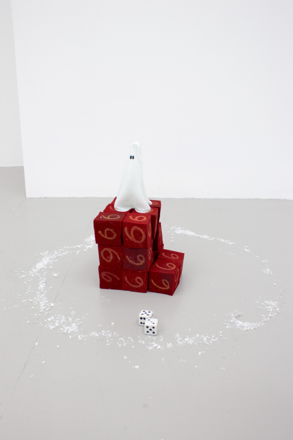 Winslow Laroche Ghoul, 2014 Glass, porcelain dice, air conditioner insulation, spray paint, and paint marker