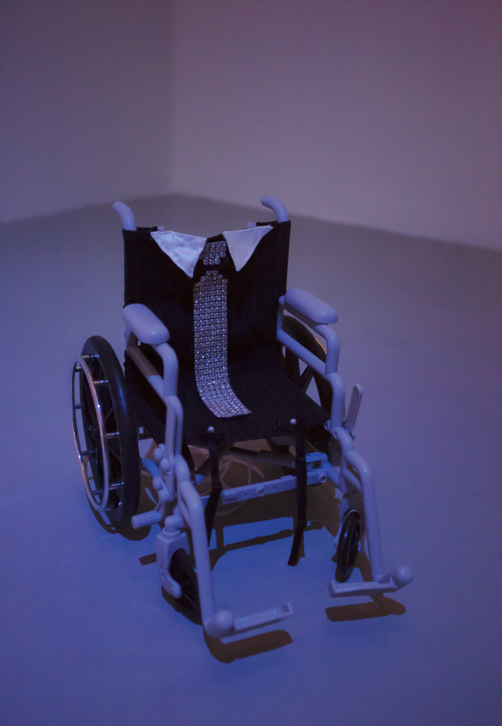 Flannery Silva American Girl Bodice, 2015 American Girl Doll wheelchair, pinstripe fabric, lace grommet trim, ribbon, rhinestones, bows, mini bra straps