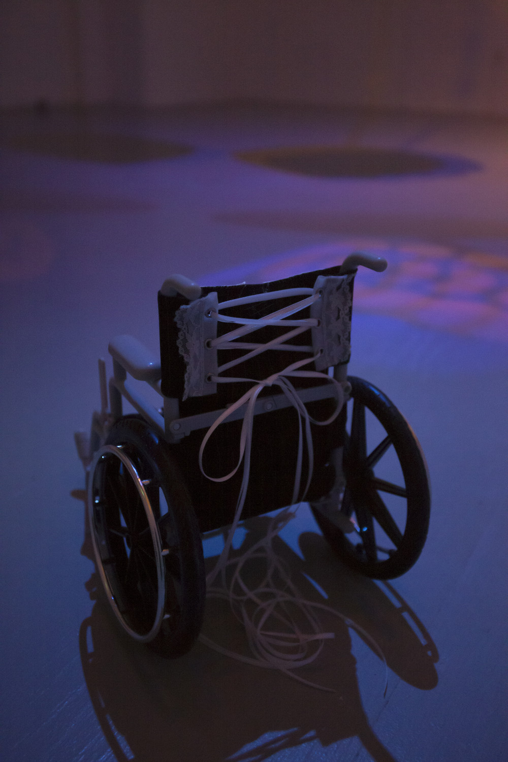 Flannery Silva American Girl Bodice, 2015a American Girl Doll wheelchair, pinstripe fabric, lace grommet trim, ribbon, rhinestones, bows, mini bra straps