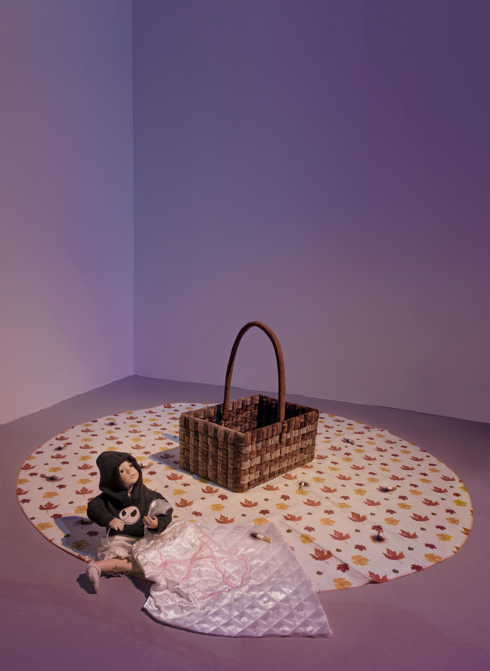 Flannery Silva Chloé Doll, 2015 Amish Blessings "Ruth" Doll, custom Jack Skelly sweatshirt, bloomers, sock, needle, hand embroidered anarchy heart quilt, fake cigarette burn