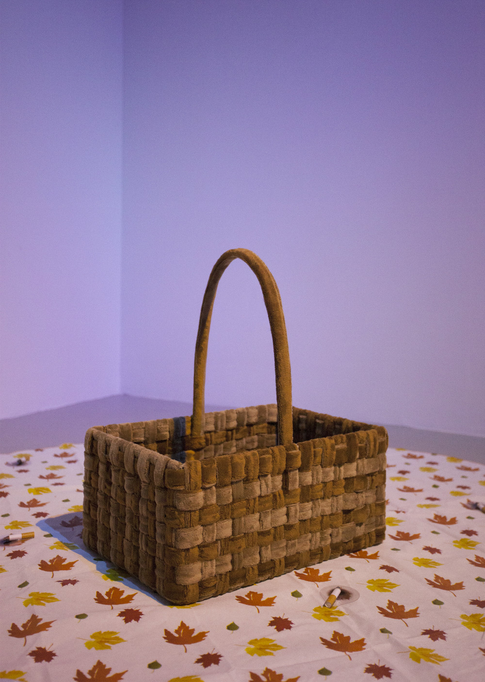 Flannery Silva Valley Basket, 2015 Minky Cuddle fabric, metal, velcro, Rite Aid flannel back tablecloth, fake cigarette burns