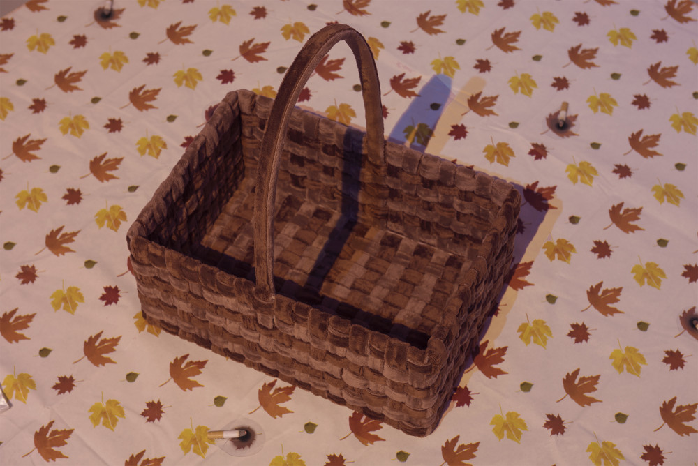 Flannery Silva Valley Basket, 2015 Minky Cuddle fabric, metal, velcro, Rite Aid flannel back tablecloth, fake cigarette burns