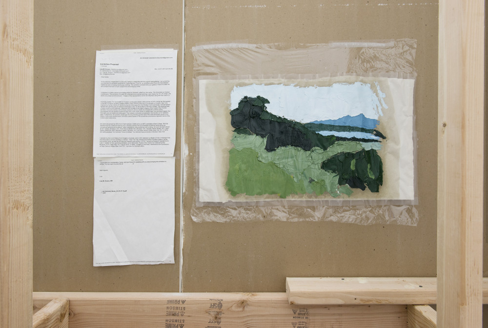 Am Schmidt Proposal and sketch (The Annandale-on-Hudson Landscapes), 2015 Printed email, oil on newsprint, plastic wrap, scotch tape