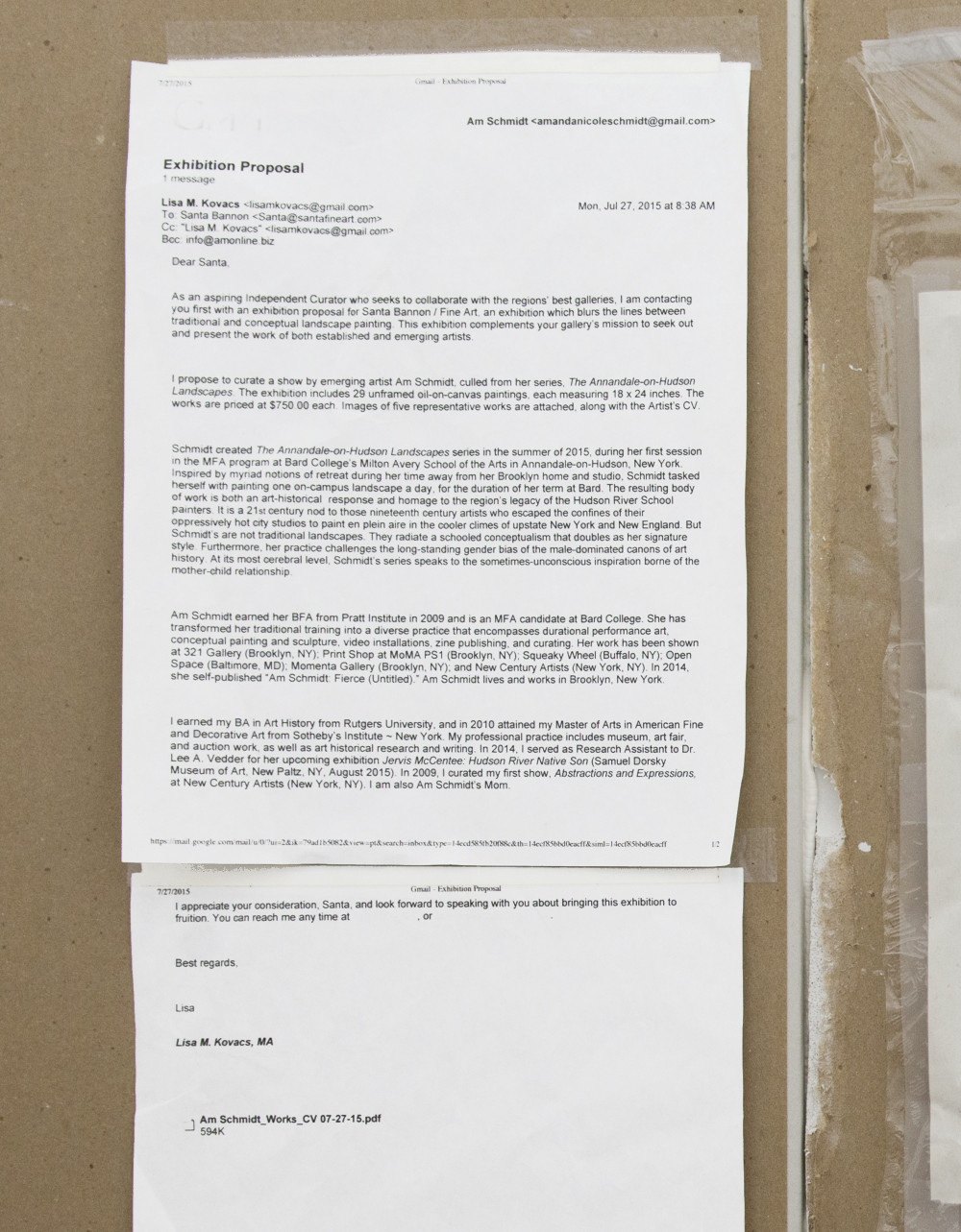 Am Schmidt Proposal and sketch (The Annandale-on-Hudson Landscapes) (Detail), 2015 Printed email, oil on newsprint, plastic wrap, scotch tape