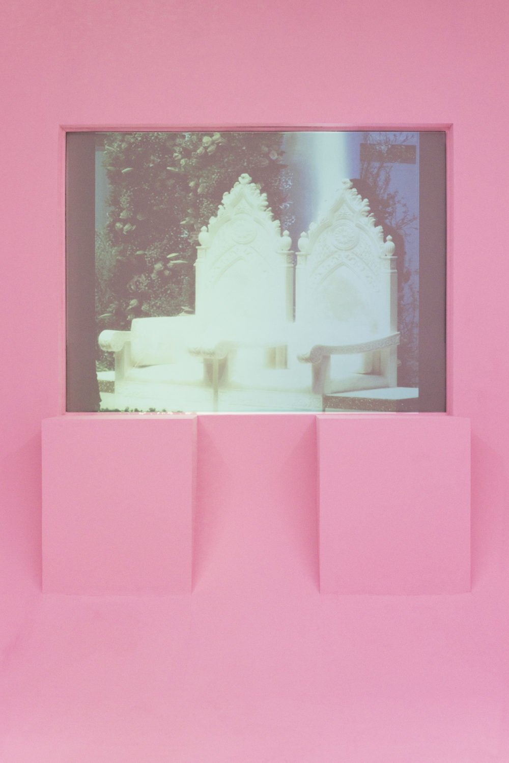 Masami Kubo Figure 02: A History of Two Chairs, 2016 Wood construction, paint, projected image and narration