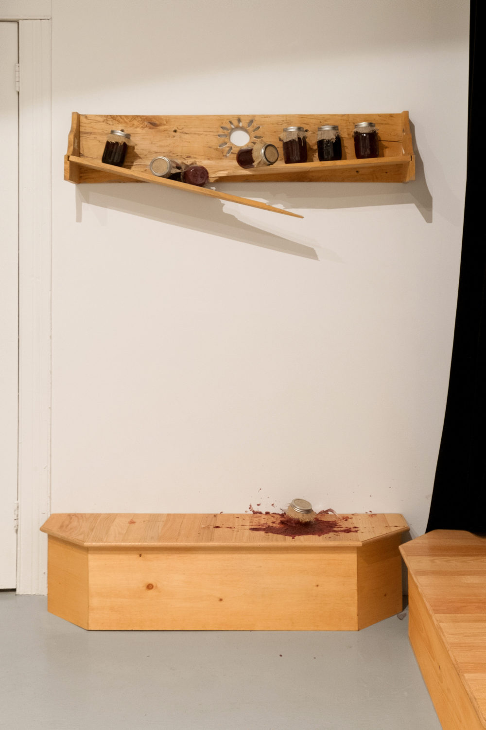 Filip Olszewski Moominmamma's Jams, 2016 Oak shelf, glass jars, burlap, preserves