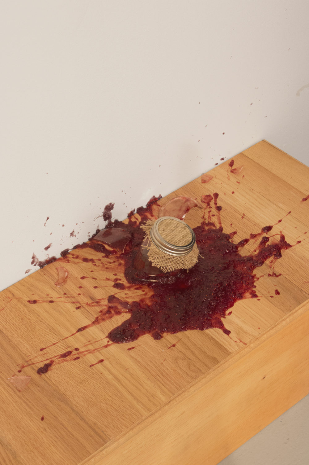 Filip Olszewski Moominmamma's Jams (Detail), 2016 Oak shelf, glass jars, burlap, preserves